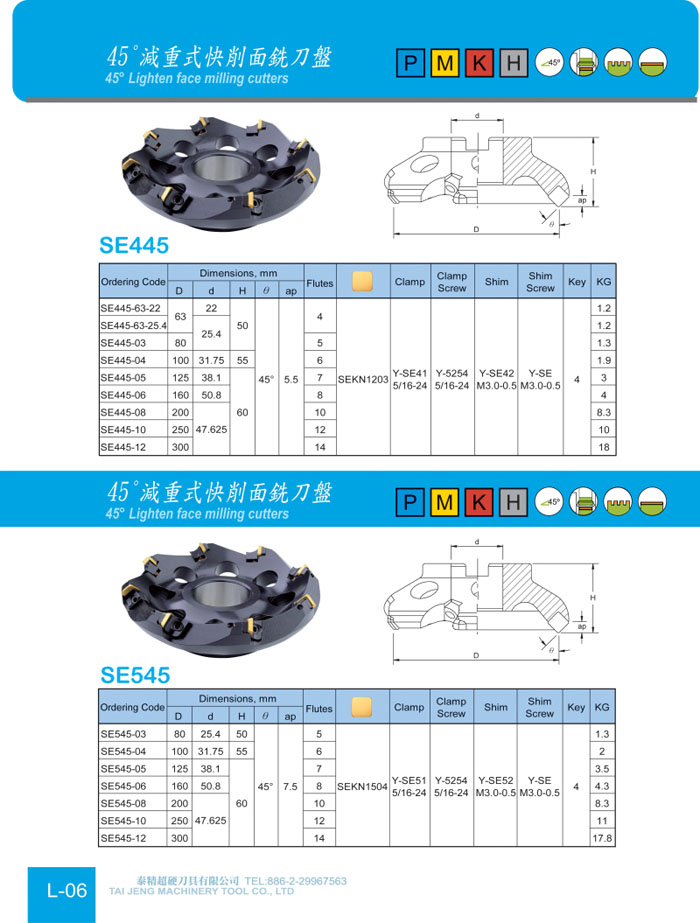 45˚Lighten face milling cutters-SE445 & SE545