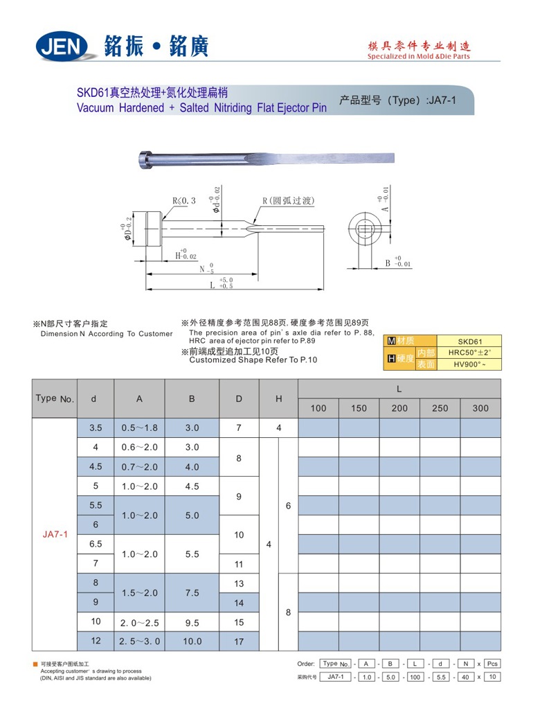 Vacuum Hardened + Salted Nitriding Flat Ejector Pin-JA7-1