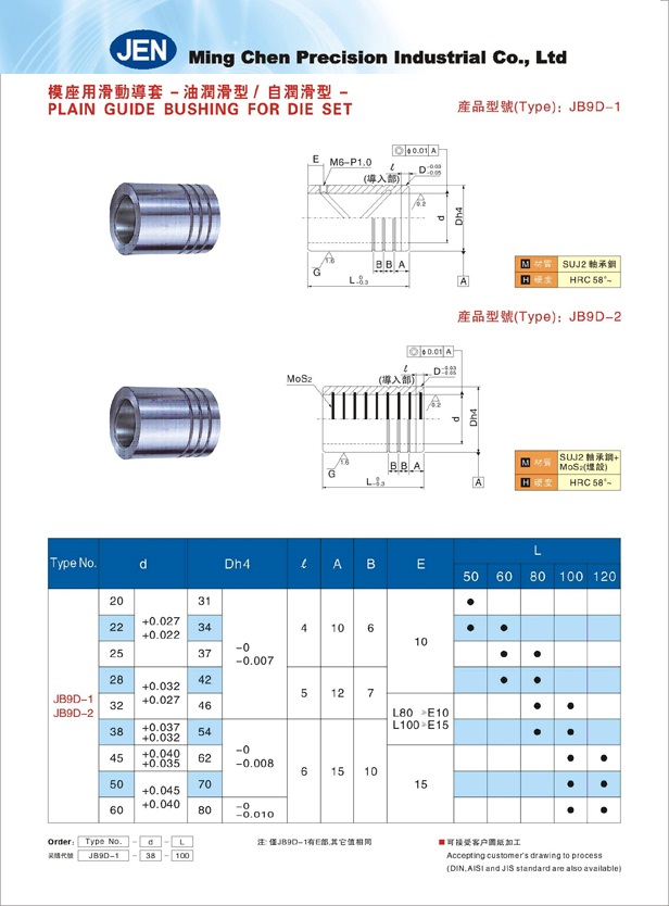 模座用滑動導套(油潤滑型／自潤滑型)-JB9D-1/2