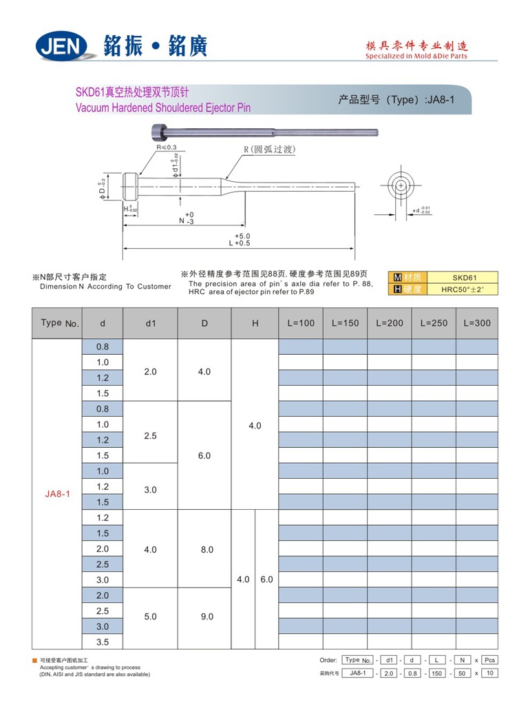 Vacuum Hardened Shouldered Ejector Pin-JA8-1