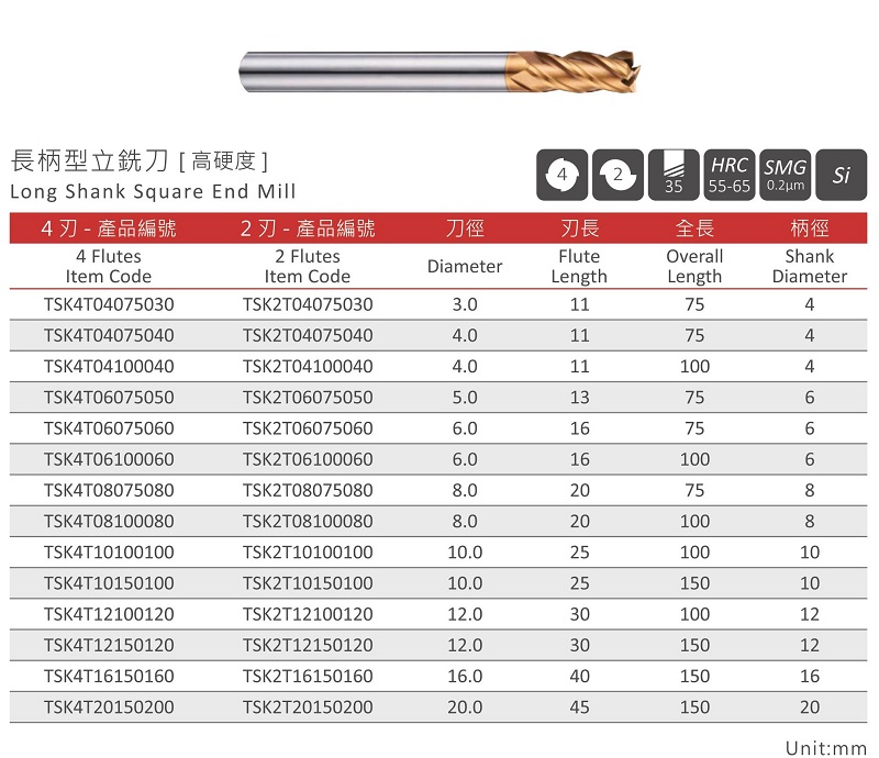 Long Shank Square End Mill-TSK4T / TSK2T