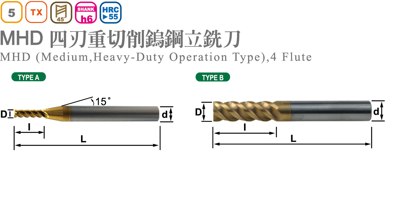 四刃重切削鎢鋼立銑刀-MHD