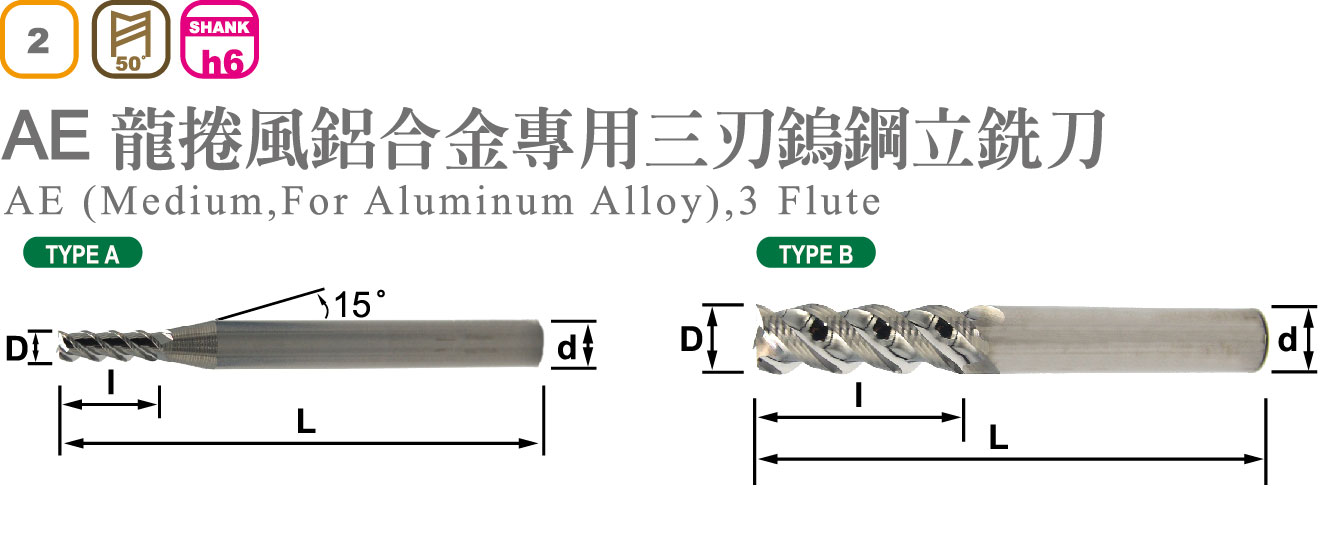龍捲風鋁合金專用三刃鎢鋼立銑刀-AE