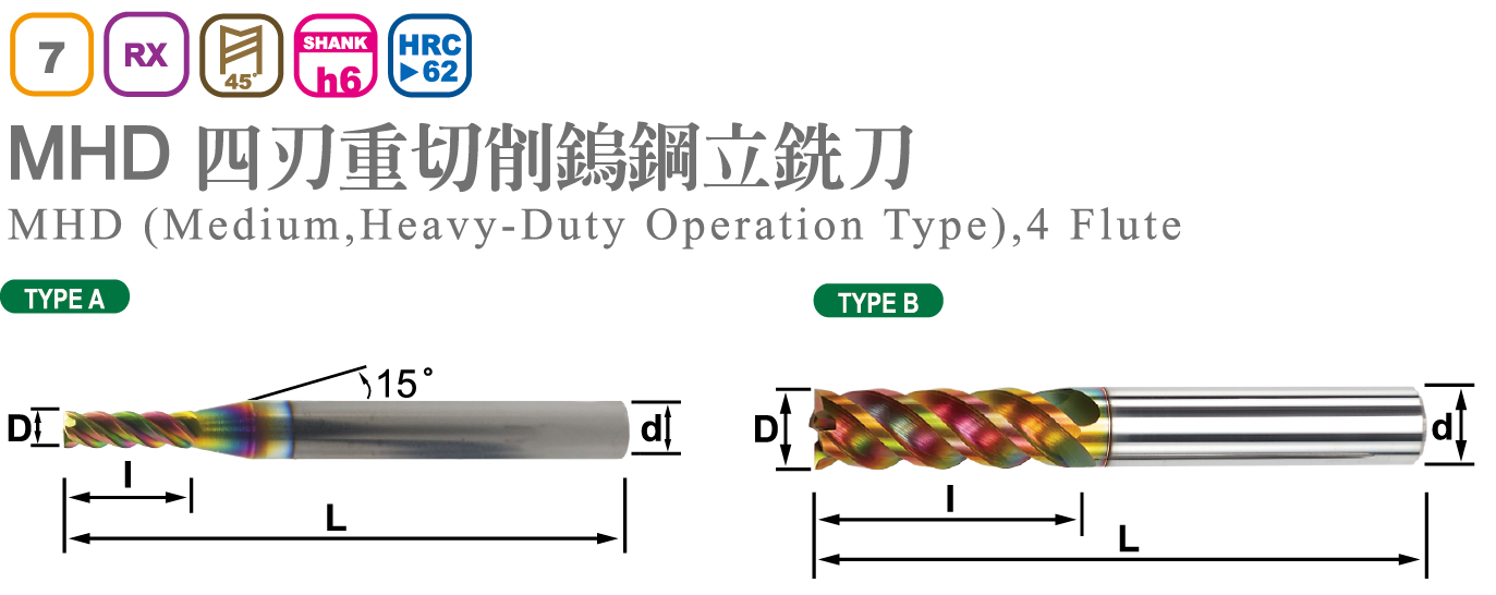 四刃重切削鎢鋼立銑刀-MHD