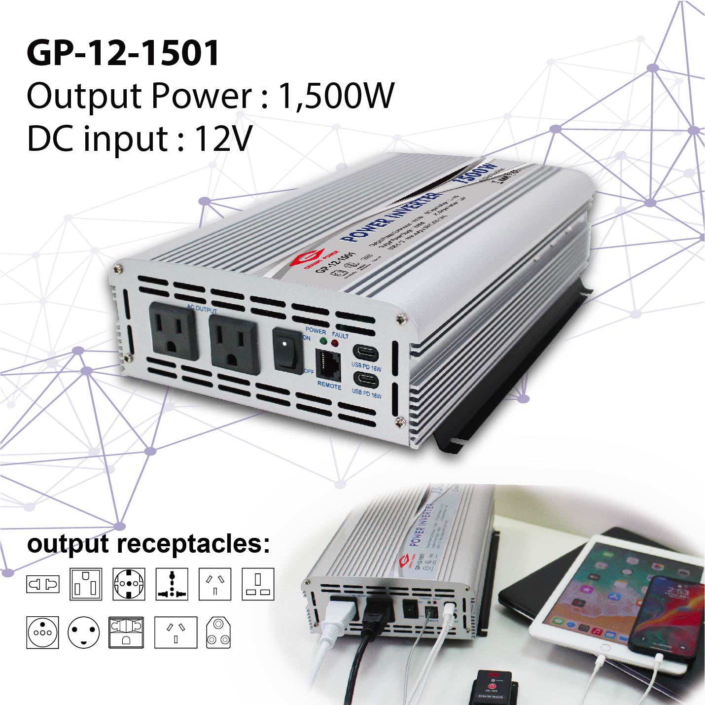 POWER INVERTER WITH USB TYPE-C -1500W-GP-12-1501